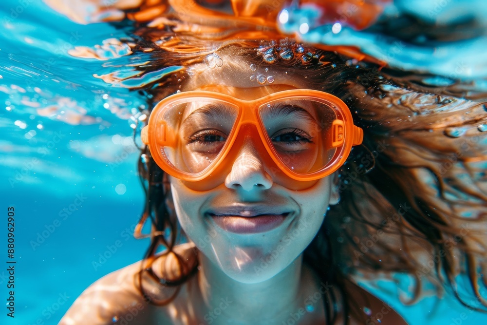 Underwater view of smiling woman wearing orange goggles in clear blue swimming pool Underwater view of smiling woman wearing orange goggles in clear blue swimming pool