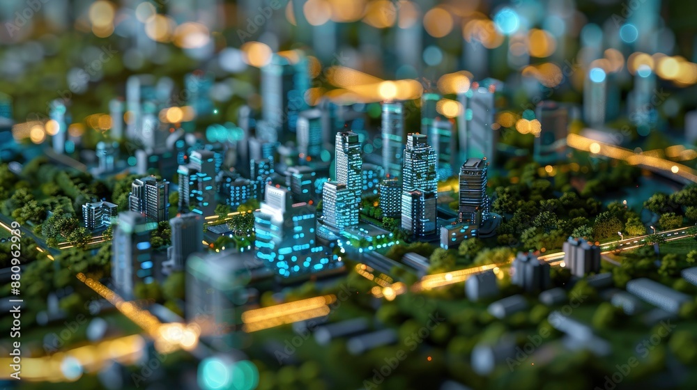 Obraz premium Virtual reality tour of a smart city model demonstrating integrated public safety systems