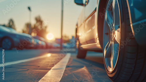 A used car is parked in an outdoor parking lot, showcasing services for sale and rental, with an emphasis on the automobile parking area and the concept of car dealership and dealer agents.
