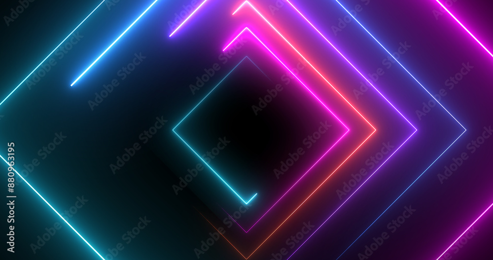 Neon disco light square shape luminous laser-like geometric bg. Round-turning radio magician show nightlife club loop. Glitter glowing illuminated fantasy. Cyber endless tunnel 3d stage. Neon disco light square shape luminous laser-like geometric bg. Round-turning radio magician show nightlife club loop. Glitter glowing illuminated fantasy. Cyber endless tunnel 3d stage.