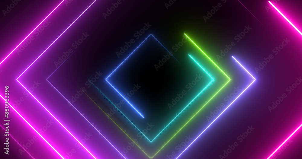 Neon disco light square shape luminous laser-like geometric bg. Round-turning radio magician show nightlife club loop. Glitter glowing illuminated fantasy. Cyber endless tunnel 3d stage. Neon disco light square shape luminous laser-like geometric bg. Round-turning radio magician show nightlife club loop. Glitter glowing illuminated fantasy. Cyber endless tunnel 3d stage.