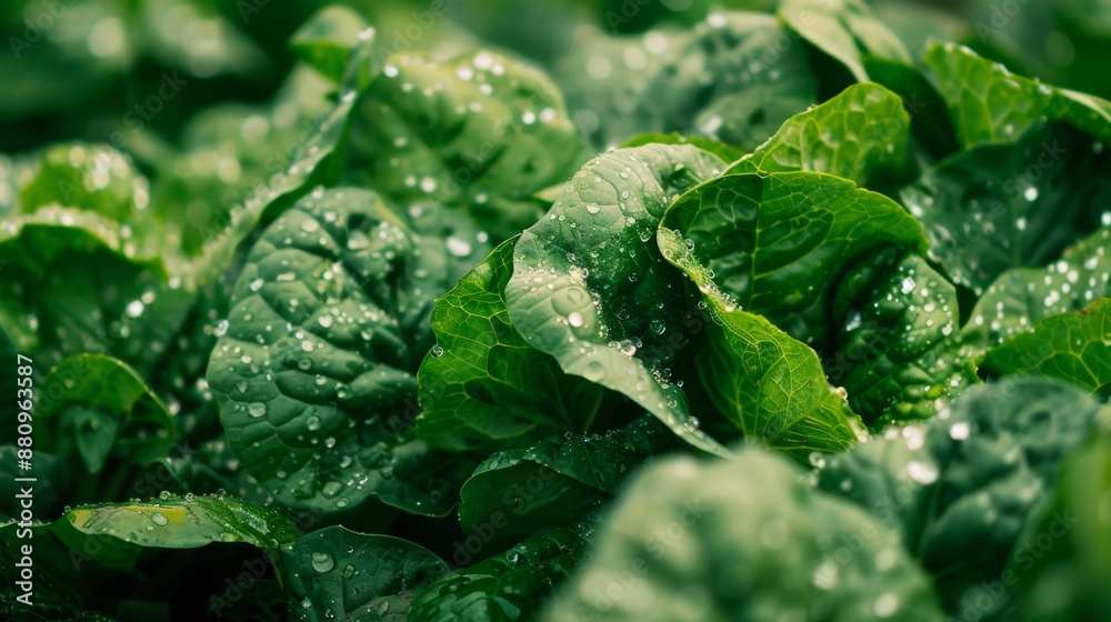 Close-Up of Fresh, Dew-Covered Lettuce and Spinach on Organic Farm - Ideal for Agriculture Themes Close-Up of Fresh, Dew-Covered Lettuce and Spinach on Organic Farm - Ideal for Agriculture Themes