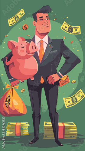 Confident Wealth Manager Holding Piggy Bank and Money Bag, Financial Success Concept