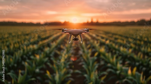 A drone hovers above a bountiful field of crops, bathed in the warm glow of the setting sun, reflecting the modern advancements in agriculture and environmental monitoring.