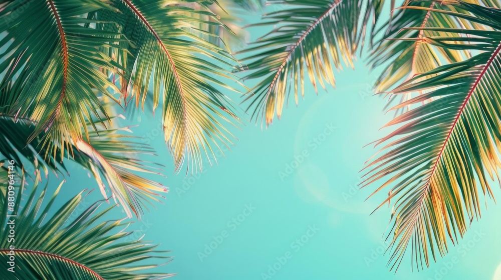 A vibrant tropical scene featuring closeup palm leaves against a clear blue sky The leaves are sharply defined with a mix of light and shadow A vibrant tropical scene featuring closeup palm leaves against a clear blue sky The leaves are sharply defined with a mix of light and shadow