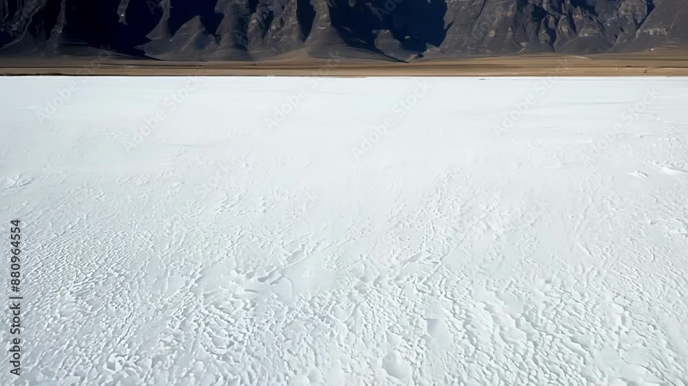 The stark contrast of the flat white salt flats against the jagged peaks of distant mountains in the background.