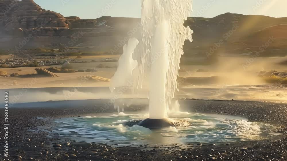 The ground rumbles and hisses as a hot spring releases a burst of boiling water into the air creating a mesmerizing visual display.