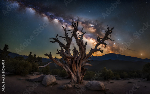 Silent night under the star-filled sky, ancient bristlecone pines silhouetted against the Milky Way photo