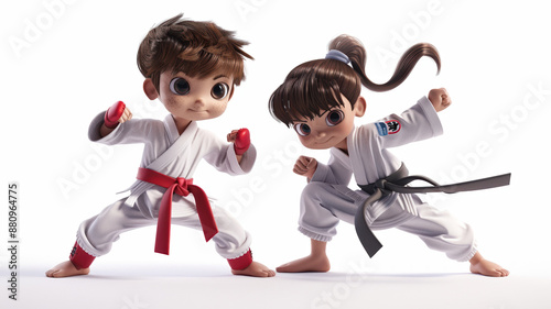 A very cute boy and girl, both in taekwondo uniforms, posing mid-air in a flying kick against a pure white background, super detailed.