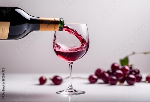 Personne versant du vin rouge dans un verre entouré de raisins photo