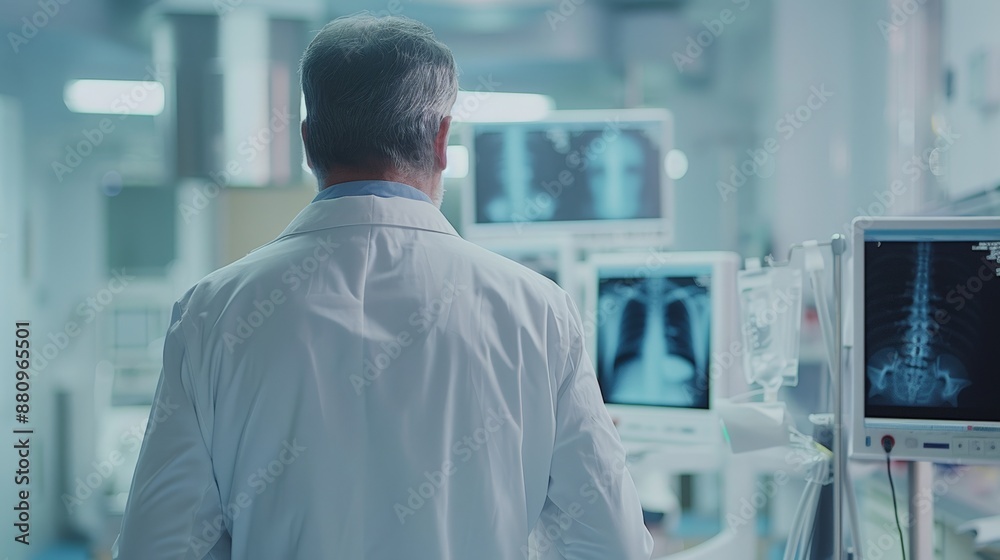 Doctor looking at patient's x-ray results on the screen in hospital. Doctor looking at patient's x-ray results on the screen in hospital.