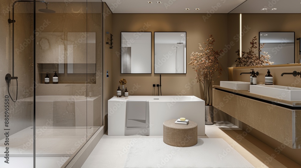 Fototapeta premium Beige hotel bathroom interior with tub sink and glass shower decoration