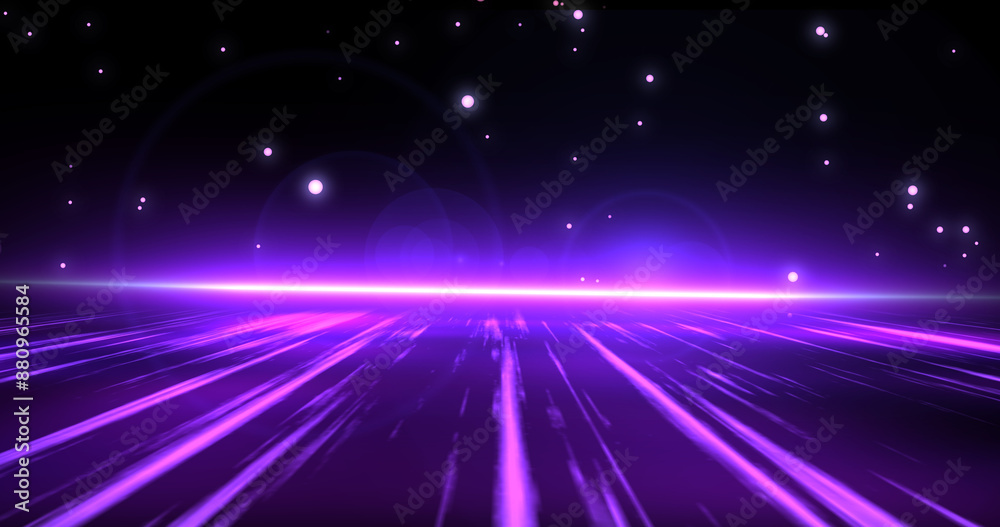 Obraz premium Futuristic particle falling space speed ramp starting engine. Space jump light beam particle blast moving forward flying constellation shiny wavy heaven like galaxy exploration mission.