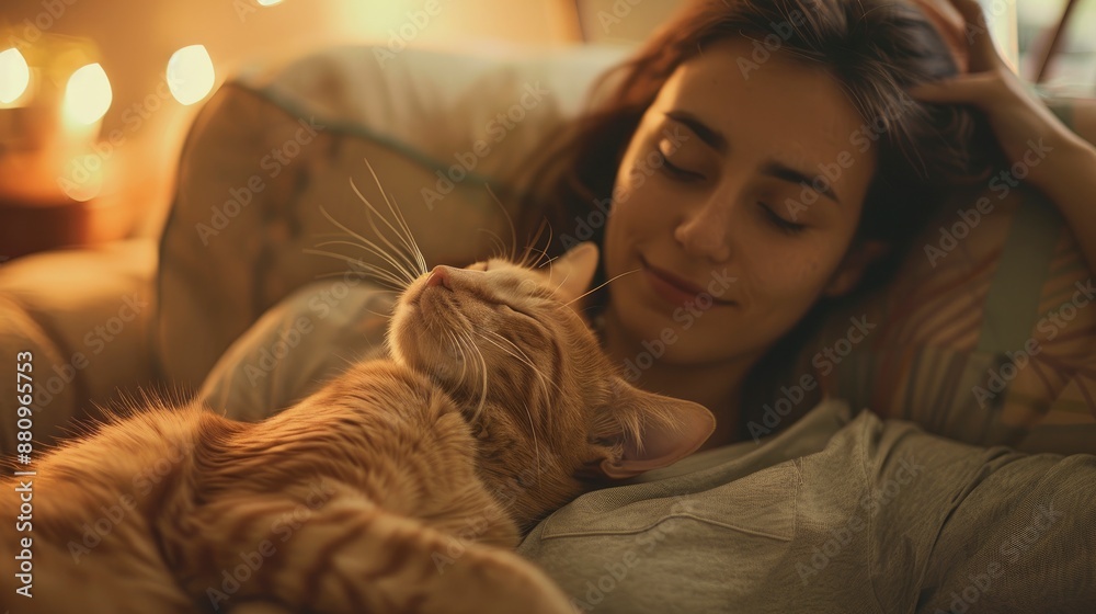 Woman petting her lazy cute cat, cozy living room with warm ambient lighting, peaceful and heartwarming atmosphere