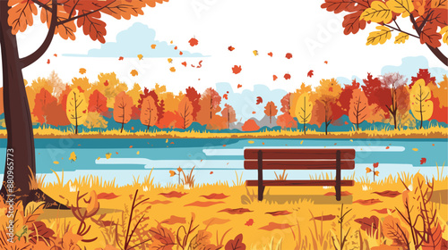Beautiful autumn fall scene in a park beside a lake 