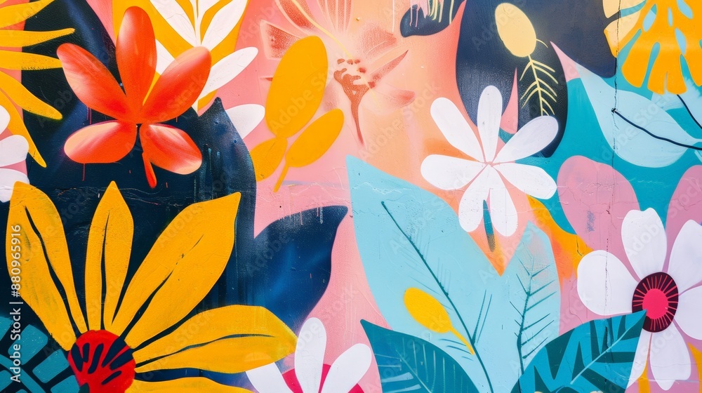 Fototapeta premium Colorful tropical flowers art painted on the walls.