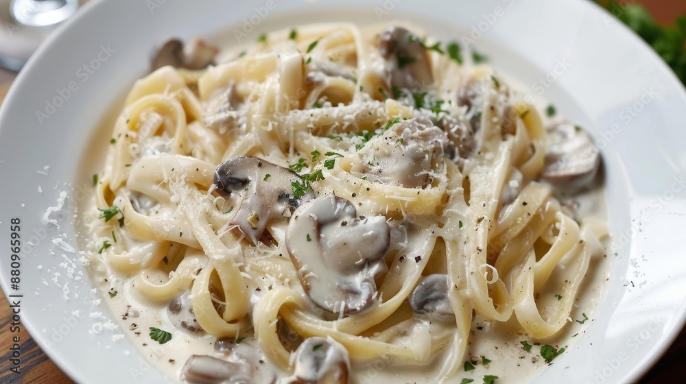 Gourmet Fettuccine Alfredo with Creamy Sauce, Sautéed Mushrooms, Parmesan Cheese, and Fresh Parsley Garnish Gourmet Fettuccine Alfredo with Creamy Sauce, Sautéed Mushrooms, Parmesan Cheese, and Fresh Parsley Garnish