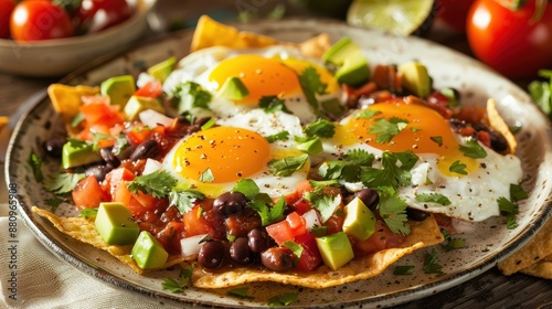 Mouthwatering Huevos Rancheros Plate with Eggs, Black Beans, Avocado, and Salsa, Served with Tortilla Chips