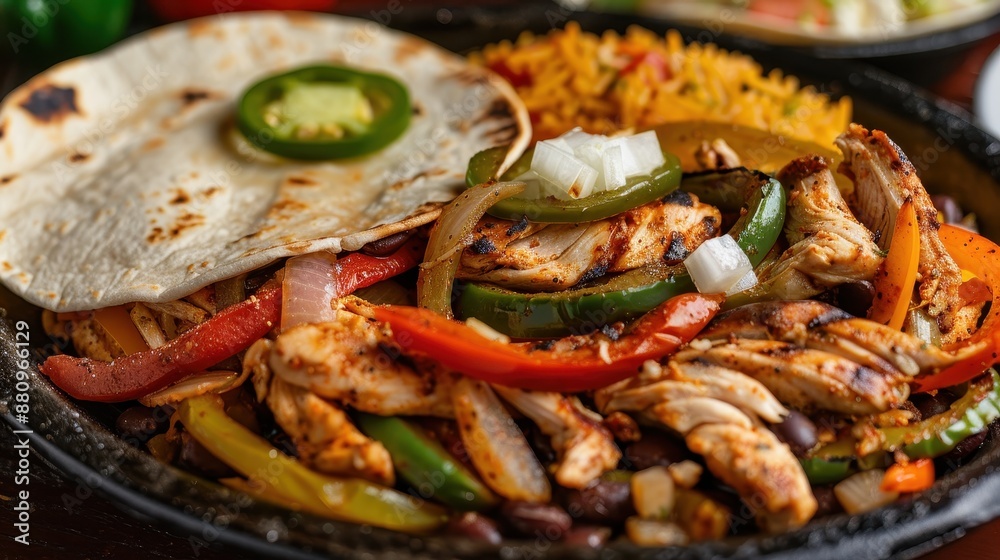 Delicious Chicken Fajitas Platter with Sautéed Peppers and Onions in Tex-Mex Restaurant Setting Delicious Chicken Fajitas Platter with Sautéed Peppers and Onions in Tex-Mex Restaurant Setting