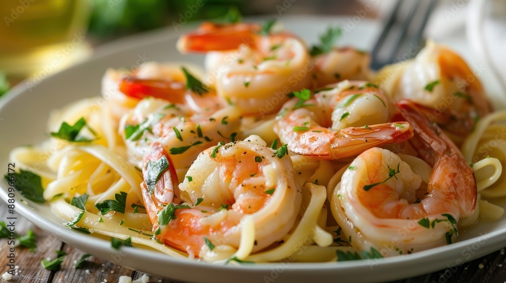 Savory Shrimp Scampi Delight on Linguine Bed with Garlic Butter Sauce and Fresh Parsley Garnish Savory Shrimp Scampi Delight on Linguine Bed with Garlic Butter Sauce and Fresh Parsley Garnish