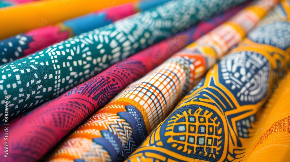 Closeup of colorful patterned fabric rolls. Closeup of colorful patterned fabric rolls.