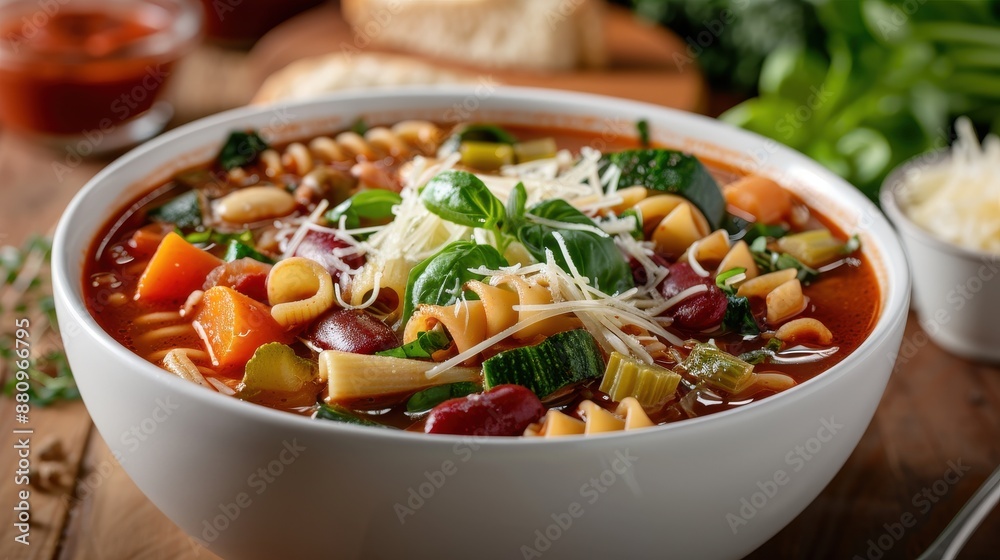 Nourishing Minestrone Soup with Vegetables, Beans, and Parmesan Cheese Garnish Nourishing Minestrone Soup with Vegetables, Beans, and Parmesan Cheese Garnish