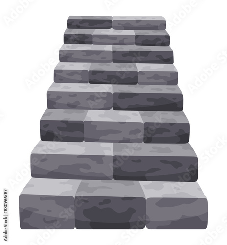 Game castle stairs in cartoon style. Medieval ancient ladder flights without railings, marble step treads or rock risers with cracked details. Vector staircase isolated on white background