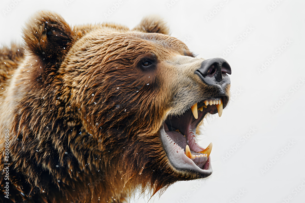 Fototapeta premium Close up portrait of big brown angry bear head, isolated on a white background
