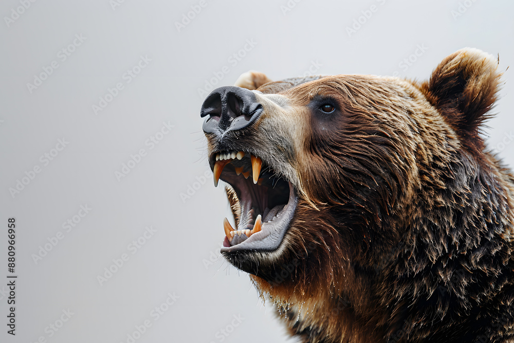 Obraz premium Close up portrait of big brown angry bear head, isolated on a white background