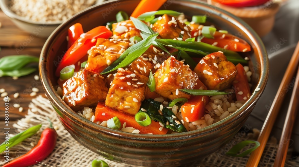 Healthy Vegetable Stir-Fry with Tofu and Brown Rice, Topped with Sesame Seeds and Green Onions Healthy Vegetable Stir-Fry with Tofu and Brown Rice, Topped with Sesame Seeds and Green Onions