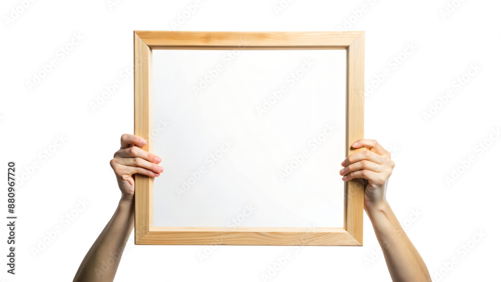 A holding a blank frame and board with a hand A holding a blank frame and board with a hand