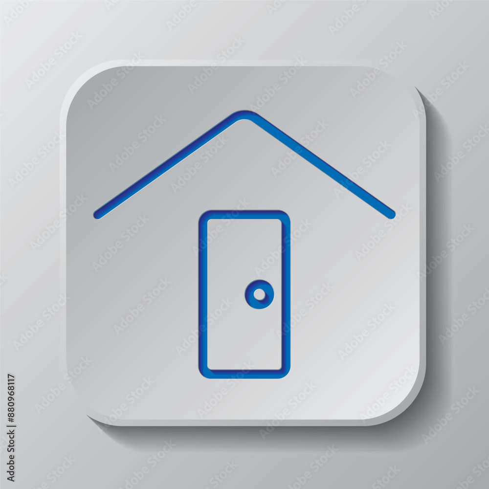 House roof with door simple icon vector. Flat design. Paper cut design. Cutted blue symbol with shadow. Gray badge button, gray background