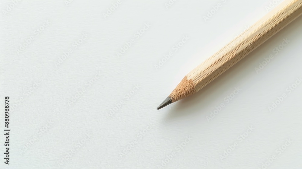 Minimalist design with wooden pencil on white paper with light shadow Minimalist design with wooden pencil on white paper with light shadow