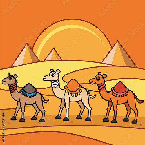 Three camels are walking in the desert at sunset
