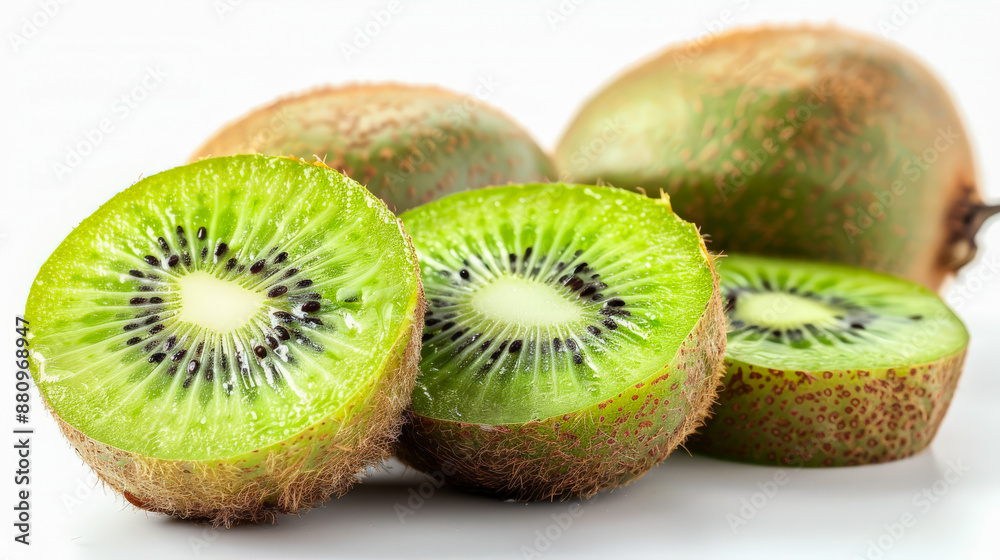 A close-up of fresh, sliced kiwi fruits showcasing their vibrant green flesh and black seeds against a white background. Ideal for food, health, and nutrition-themed projects. A close-up of fresh, sliced kiwi fruits showcasing their vibrant green flesh and black seeds against a white background. Ideal for food, health, and nutrition-themed projects.