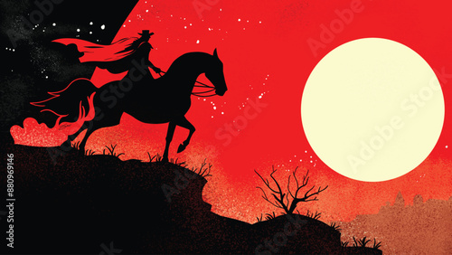 The Legend of Zorro. Minimalist, silhouette of Zorro overlooking the small town of Pueblo de Los Angeles. Illustration Artwork. Zorro man.