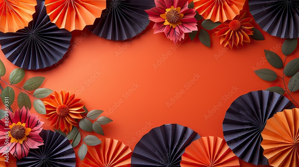 halloween frame made of paper fans on orange background flat lay top view halloween frame made of paper fans on orange background flat lay top view