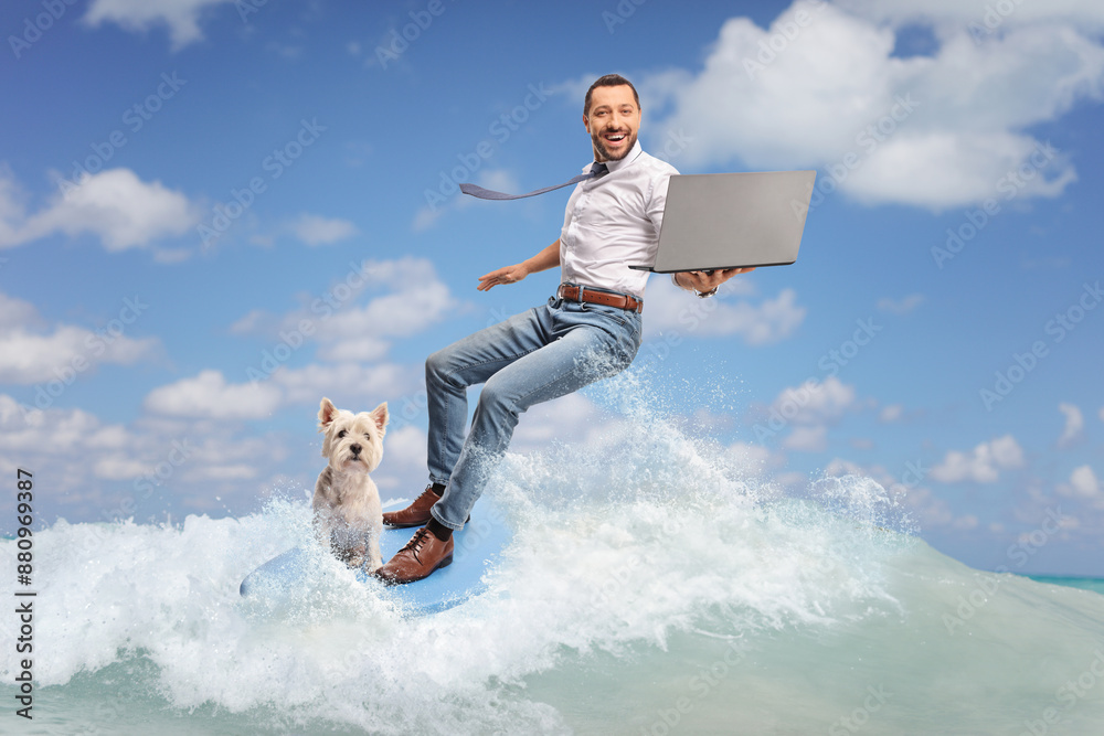 Businessman with a laptop computer and a dog on a surfboard Businessman with a laptop computer and a dog on a surfboard