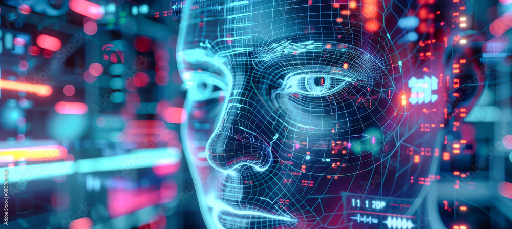 Fototapeta premium A 3D rendering of a wireframe face embedded within a complex network of holographic data and mechanisms, representing the intricate workings of advanced technologies