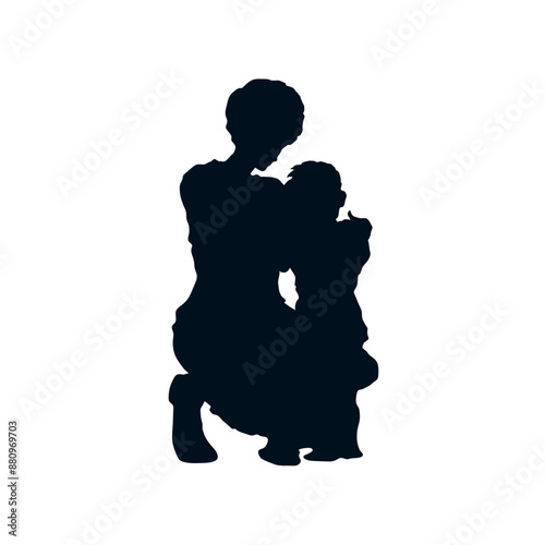 Mom hugs her child. Isolated silhouette of mother and son. Happy family art. Black drawing. Mom regreds her kid scene