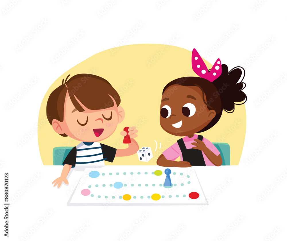 Children play table games. Kids having fun while playing board game. Spending time playing tabletop games. Vector illustration. Children play table games. Kids having fun while playing board game. Spending time playing tabletop games. Vector illustration.
