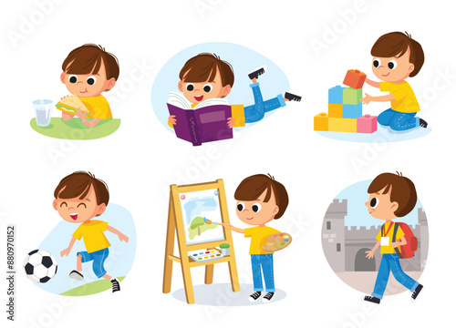 Children's hobbies and activities. School kids children with books, paint pictures, play football, traveling, eating, study. playing with blocks International pupils.