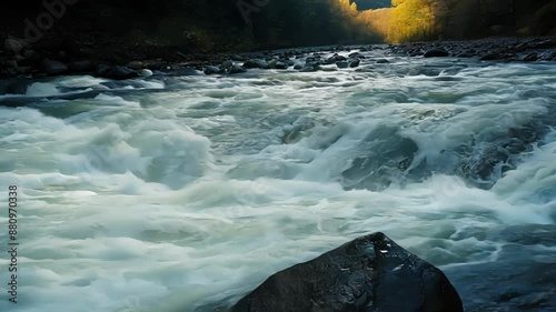 Sharp rocks jut out from the riverbed adding an element of danger to the fastmoving rapids.