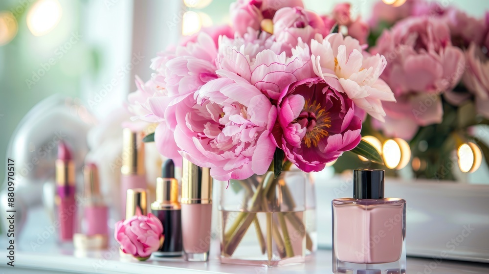 Pink peonies arrangement in vase with cosmetics on a vanity table Pink peonies arrangement in vase with cosmetics on a vanity table