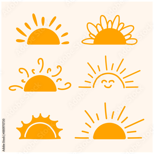 Yellow semicircle doodle half sun Hand drawn icons set in doodle style With illustration style doodle and line art