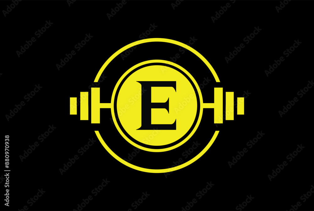 Letter E Logo With barbell. Fitness Gym logo. fitness vector logo design for gym and fitness Letter E Logo With barbell. Fitness Gym logo. fitness vector logo design for gym and fitness