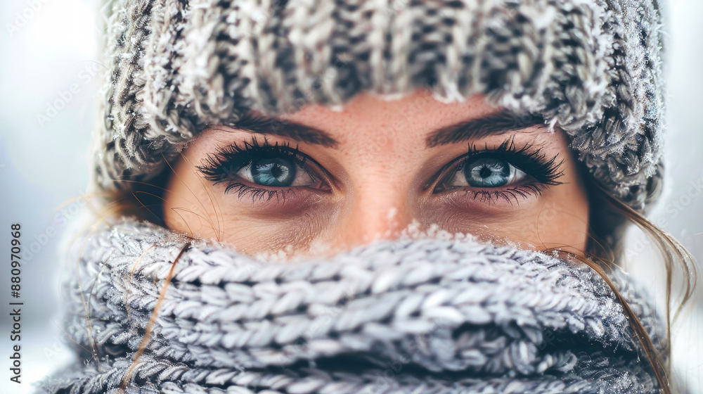 Close-up portrait of a woman in a knit hat and scarf, with blue eyes peeking through the fabric. The image blends winter beauty and hidden mystery Close-up portrait of a woman in a knit hat and scarf, with blue eyes peeking through the fabric. The image blends winter beauty and hidden mystery