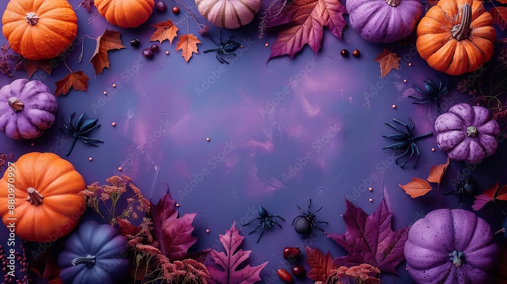 halloween poster template flat lay frame of halloween decorations pumpkins maple leaves skull bats ghosts spiders on purple background halloween poster template flat lay frame of halloween decorations pumpkins maple leaves skull bats ghosts spiders on purple background