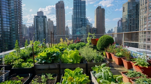 Urban Rooftop Garden with Fresh Vegetables and Herbs Overlooking Skyscrapers photo