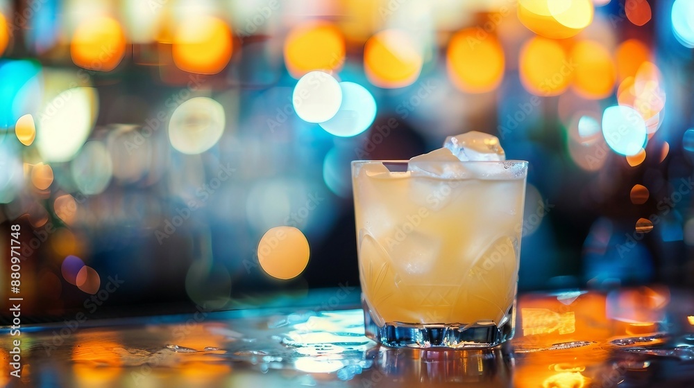 Refreshing Cocktail in a Glass with Ice on a Bar Counter, Surrounded by Colorful Bokeh Lights. Generative AI Refreshing Cocktail in a Glass with Ice on a Bar Counter, Surrounded by Colorful Bokeh Lights. Generative AI
